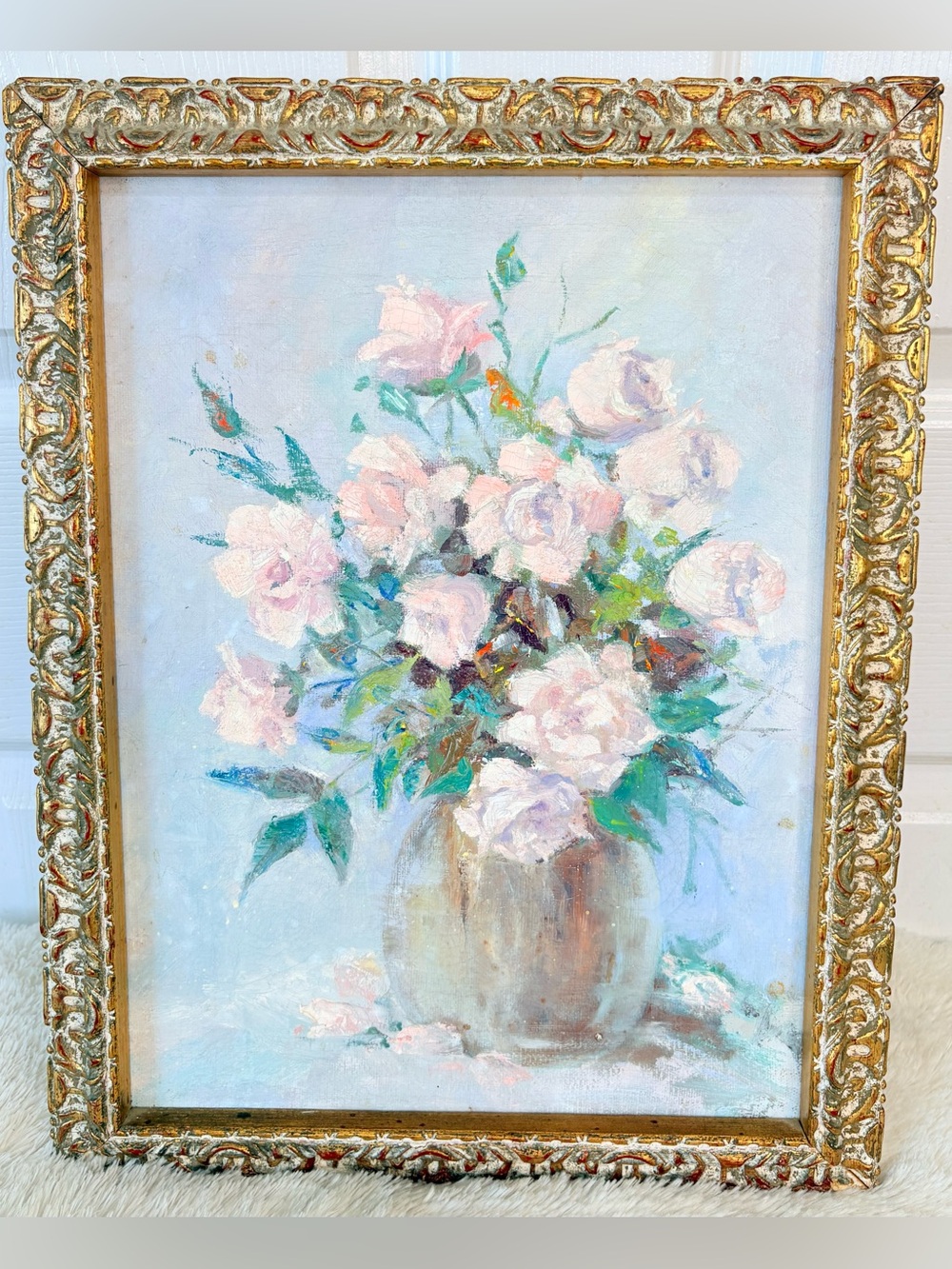 Vintage MCM Framed Palette Knife Impressionist Still Life Oil Painting 14”x18”
